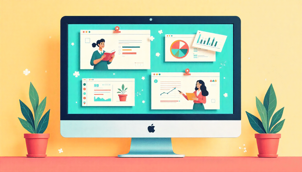 Flat illustration showing AI-powered apps on a computer screen—note-taking AI, writing assistant, data dashboard, and design assistant. Bright, clean colors.